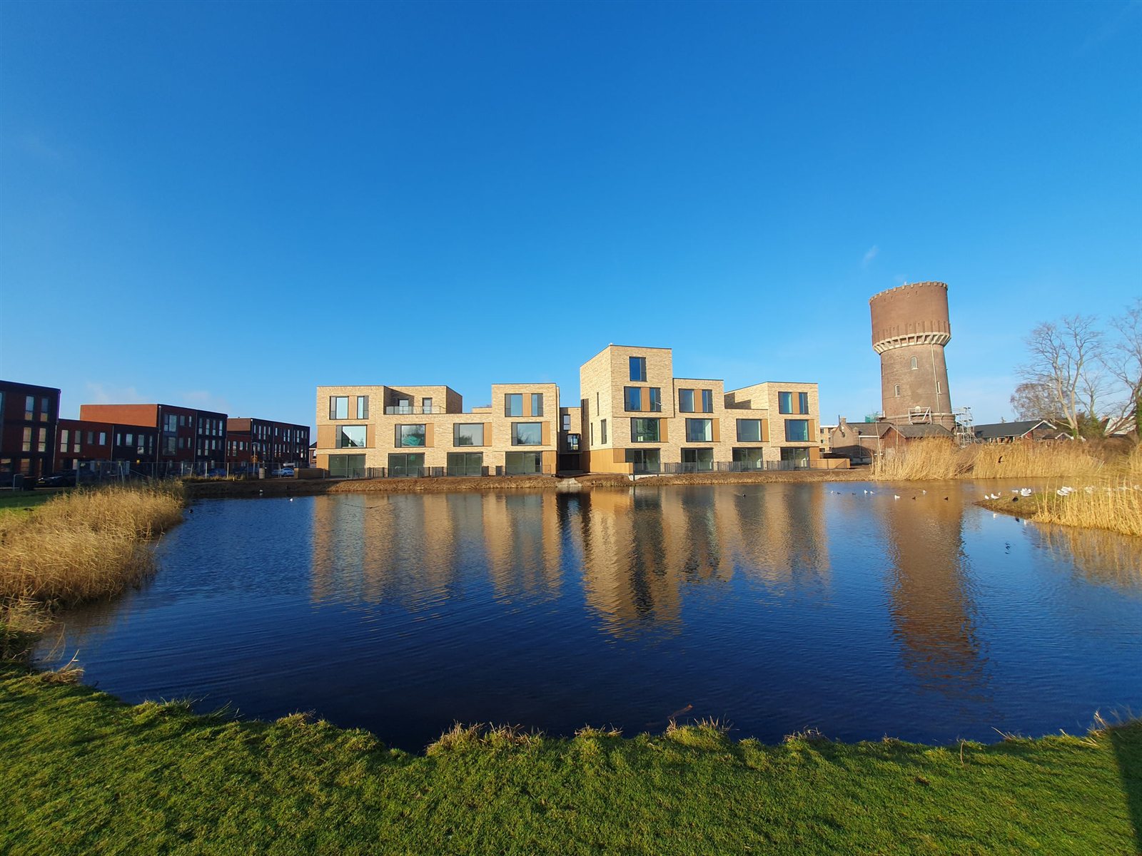 De watertoren en woningen weerspiegeld in de vijver van het Watertorenpark